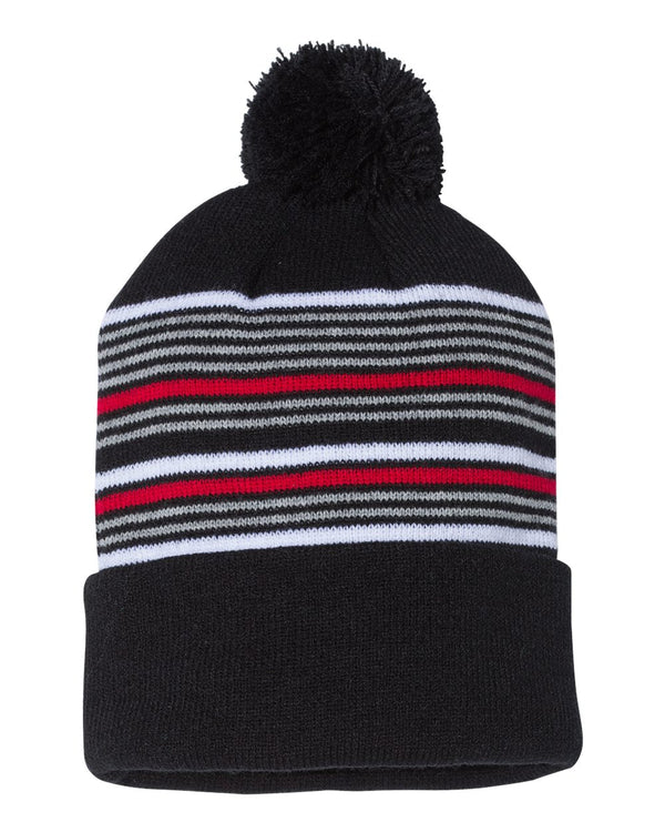Sportsman - 12" Striped Pom-Pom Knit Beanie - SP60